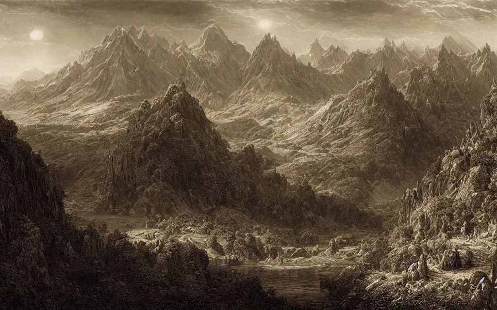 Image similar to a meticulously composed render of a middle earth landscape by francis danby, john martin, and gustave dore,