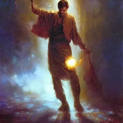 Image similar to a handsome slender young man with wavy brown hair summons a ball of light into his hand. urban fantasy. modern. dramatic. cinematic. holy. saintly. demigod. lord of light. detailed. sharp. photo realistic. realism. gaston bussiere. phil hale