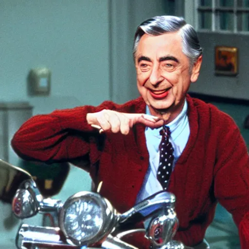 Prompt: studio color still of fred rogers with face tattoos riding a motorcycle, leather jacket, middle finger