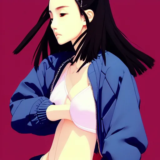 Image similar to a beautiful japanese natalie portman gravure model, wearing oversized native designer bomber jacket and leotard, bulky poofy bomber jacket with mesoamerican patterns, mesoamerican native street fashion, gapmoe yandere grimdark, trending on pixiv fanbox, painted by greg rutkowski makoto shinkai takashi takeuchi studio ghibli, akihiko yoshida