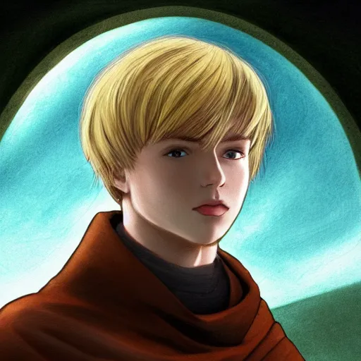 Prompt: solo portrait of blonde boy with golden eyes wearing a brown cape, anime screenshot, mappa studio artstyle, hyper realistic, pale skin, 4 k, rule of thirds, extreme detail, detailed drawing, trending artstation, hd, fantasy, realistic lighting, sharp focus, backlit,