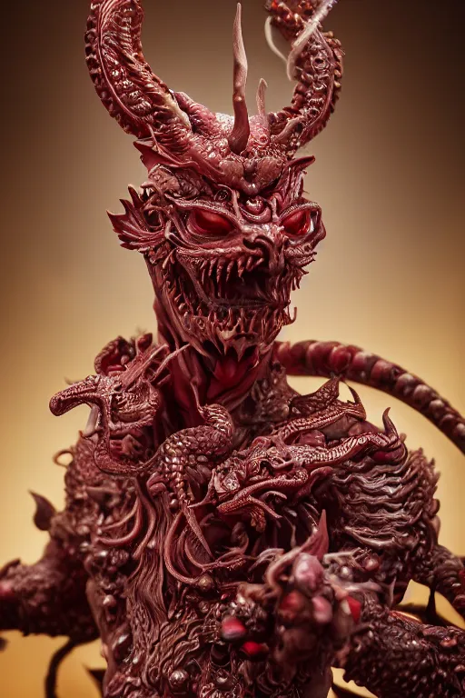 Image similar to a closeup portrait photo, alabaster and ruby real delicate ceramic porcelain sculpture of an ornate detailed humanoid dragon demon devil god in front of an intricate background by rafael, micro detail, backlit lighting, subsurface scattering, translucent, thin porcelain, fire, flames, amber, octane renderer, colorful, physically based rendering, trending on cgsociety