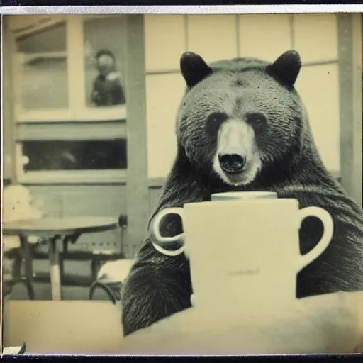 Image similar to a very beautiful old Polaroid picture of a bear drinking coffee inside a coffee shop, award winning photography, damaged