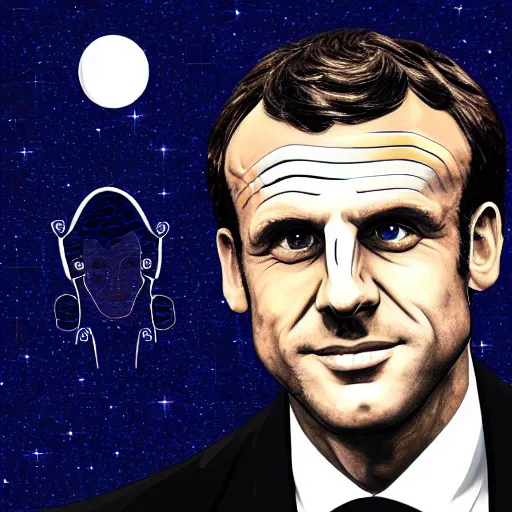 Image similar to mosaic portrait of Emmanuel macron with robot ears, 4k, intricate details, digital, moon in the background