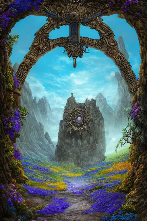 Image similar to A giant medieval fantasy blue energy portal gate with a rusty gold carved lion face at the center of it, the portal takes you to another world, full of colorful flowers on the lost Vibes and mountains in the background, spring, delicate fog, sea breeze rises in the air, by andreas rocha and john howe, and Martin Johnson Heade, featured on artstation, featured on behance, golden ratio, ultrawide angle, f32, well composed, rule of thirds, center spotlight, low angle view