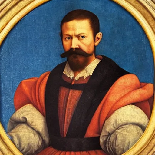 Image similar to detailed renaissance portrait painting of gentleman with a glorious moustache