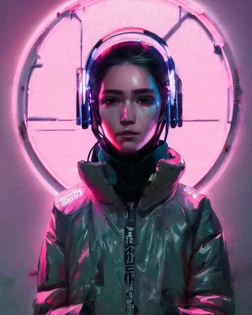 Image similar to detailed portrait Neon Operator Girl, cyberpunk futuristic neon, reflective puffy coat, decorated with traditional Japanese ornaments by Ismail inceoglu dragan bibin hans thoma greg rutkowski Alexandros Pyromallis Nekro Rene Maritte Illustrated, Perfect face, fine details, realistic shaded, fine-face, pretty face