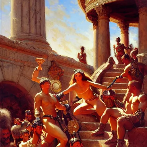 Image similar to gladiators in the coliseum. highly detailed painting by gaston bussiere, craig mullins, j. c. leyendecker 8 k