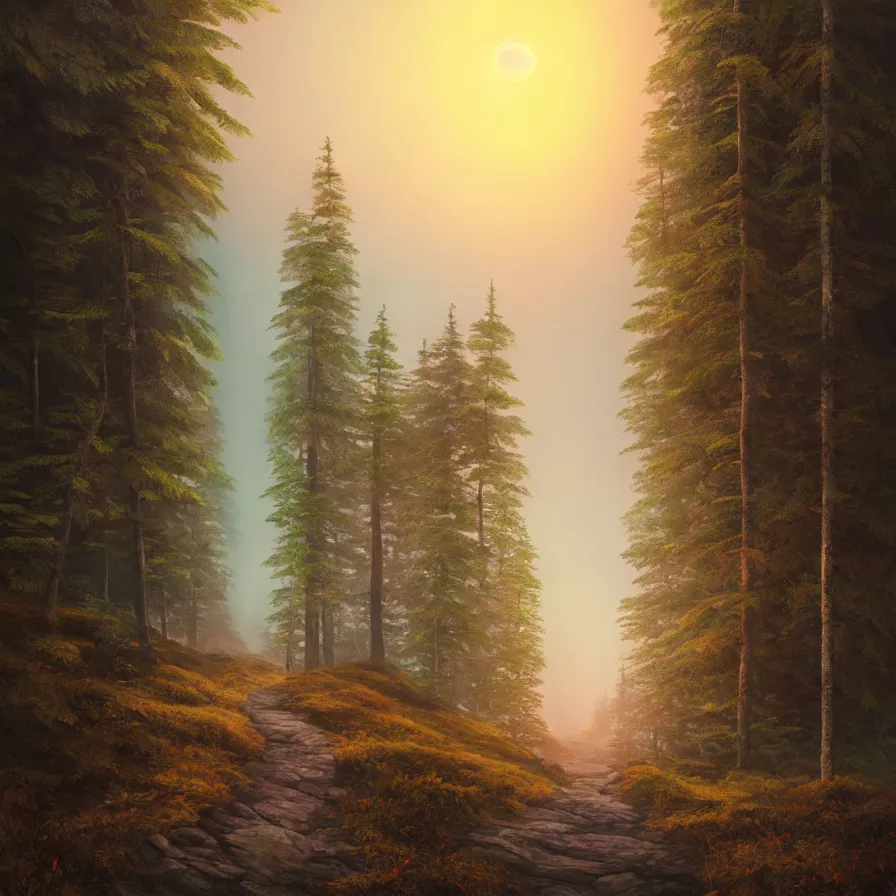 Prompt: abstract hyperrealist artwork of a single path leading down the horizon through giant pine forests down a rocky mountain coast towards a majestic sunset. atmospheric foggy landscape, soft tones, psychedelic, ultra realistic, concept art, modern art, photorealistic, octane render.