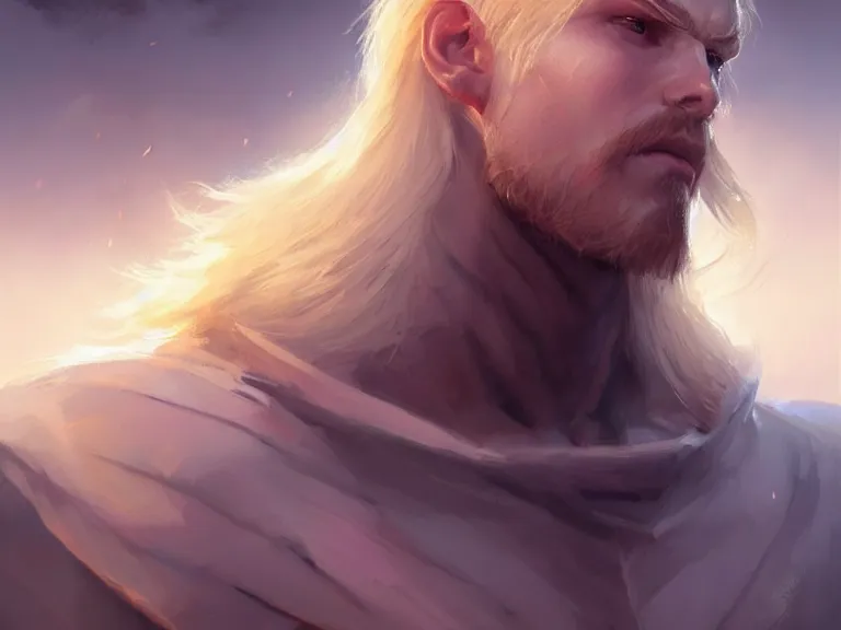 Image similar to mandor, prince of chaos character!!!, blond!!, hyperrealistic, highly detailed, cinematic, volumetric sunlight, beautiful, cgssociety, artstation, 8 k, oil painting by greg rutkowski, by artgerm, by wlop