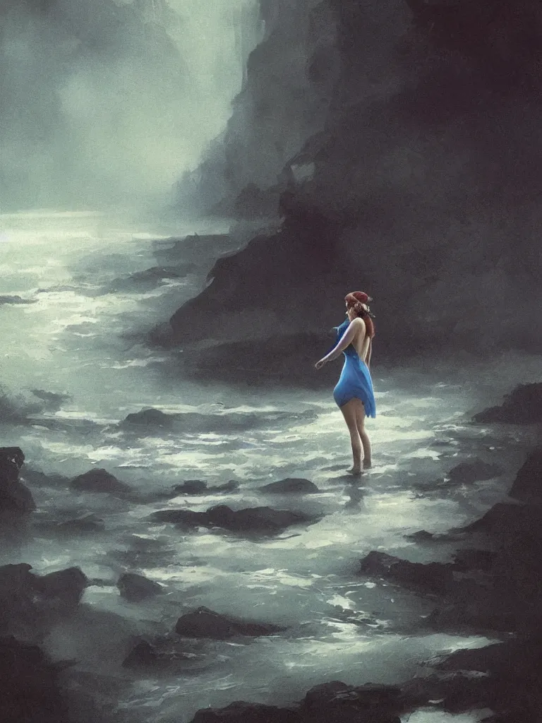 Image similar to a vintage photo of one sad female standing in the river, gloomy, strong subsurface scattering, cobalt blue gemstones floating in the river, art by greg rutkowski