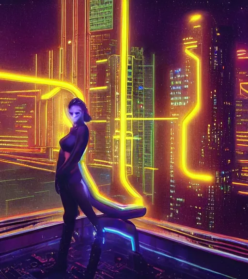 Prompt: portrait_photo_of_a_stunningly beautiful cybernetic maiden with neon light and a futuristic city at night behind her, 19th century, hyper detailed by Annie Leibovitz, Steve McCurry, David Lazar, Jimmy Nelsson, professional photography