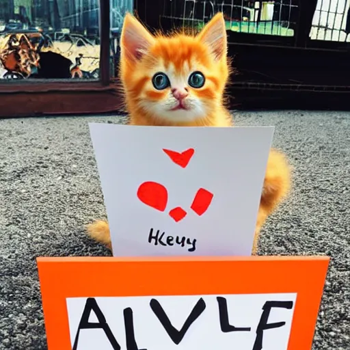 Image similar to cute fluffy orange tabby kitten with a sign that says