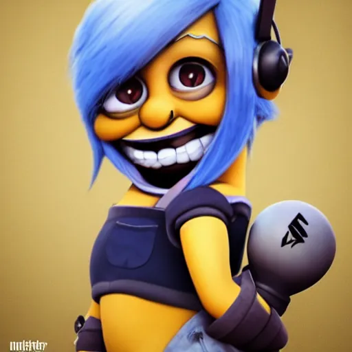 Image similar to tristana from league of legends combined with a minion from despicable me, character design, highly rated on artstation
