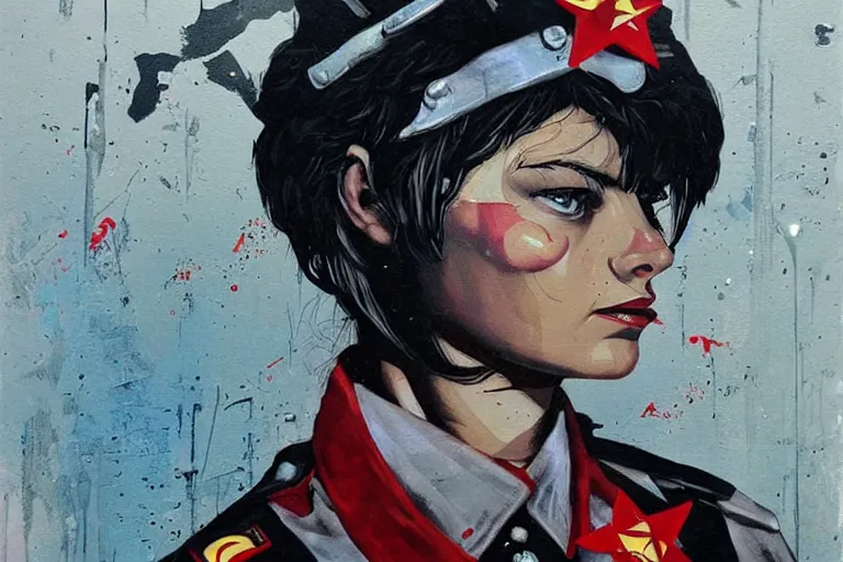 Image similar to a sad female soviet soldier, art by Sandra Chevrier