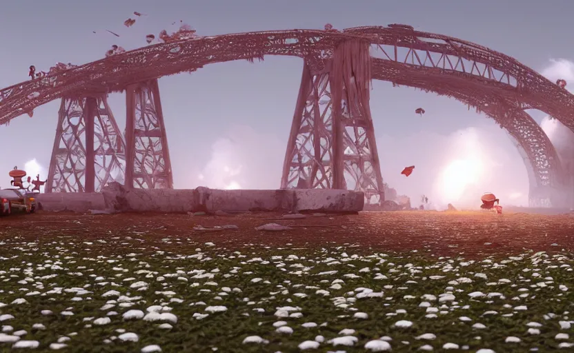 Prompt: a big bridge destroyed by explosions in the form of cotton plants, 3 d octane render, epic lighting, 8 k, by goro fujita