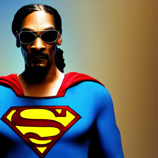 Image similar to snoop dogg as superman, movie still, photograph, high quality, 4K