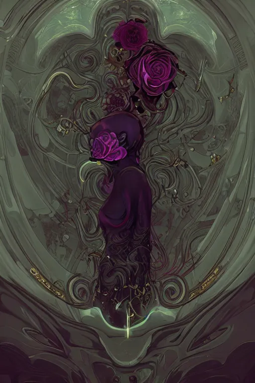 Prompt: 👁🌹👾, phantom, dreary, dramatic, fluid, golden ratio, artstation, moebius + loish, hd,