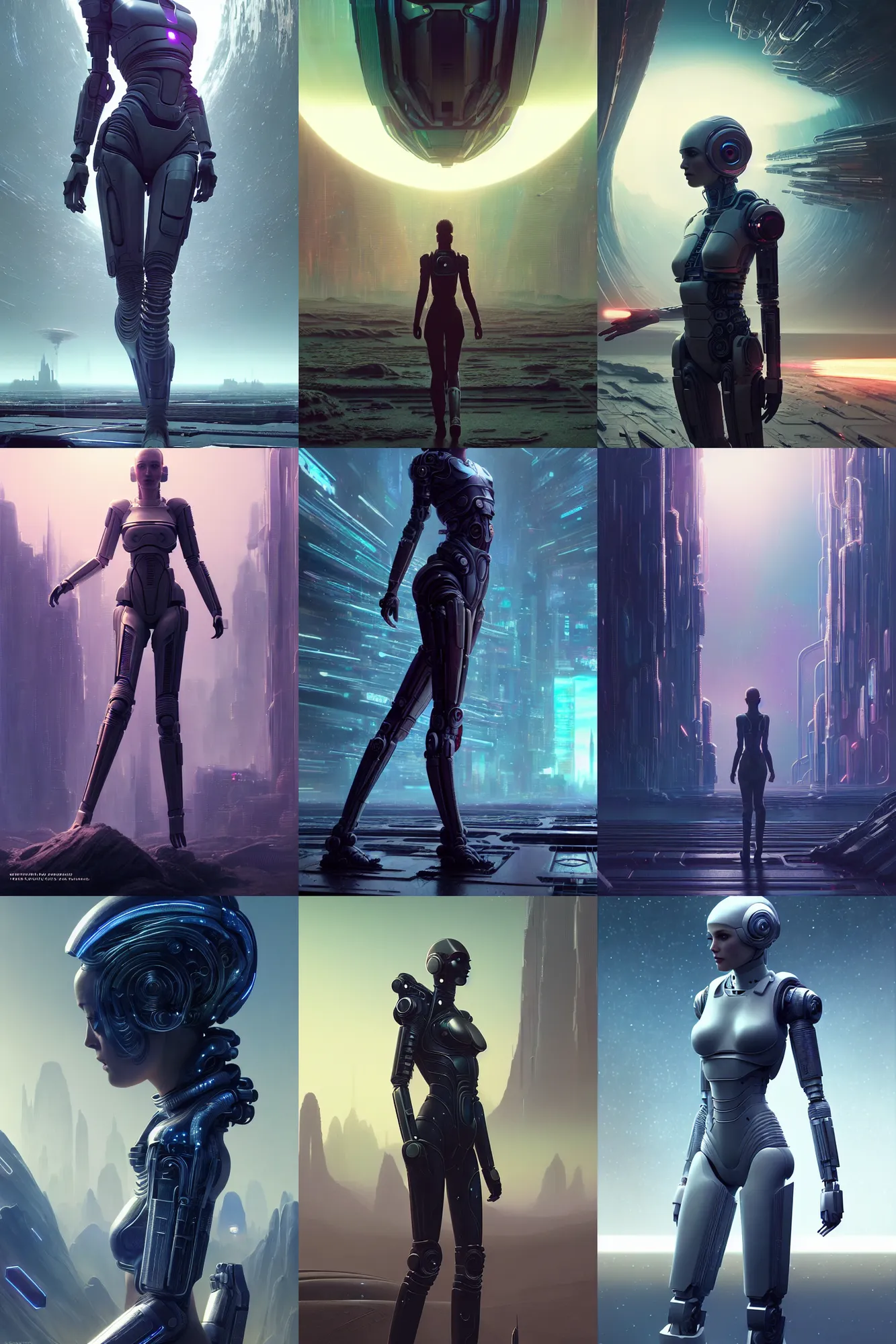 Prompt: wanderer, beautiful female android!, intricate detailed environment, photorealistic!, octane render, mechanical, concept art, cinematic lighting, digital art, interstellar, hyper realism, sharp, bladerunner 2 0 4 7, cyberpunk 8 k. by angus mckie, moebius, maciej kuciara, stanley lau, artgerm, greg rutkowski