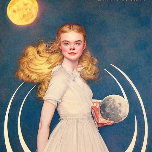 Image similar to Elle Fanning holding the moon, by Norman Rockwell, Extremely detailed. 8K. Award winning.