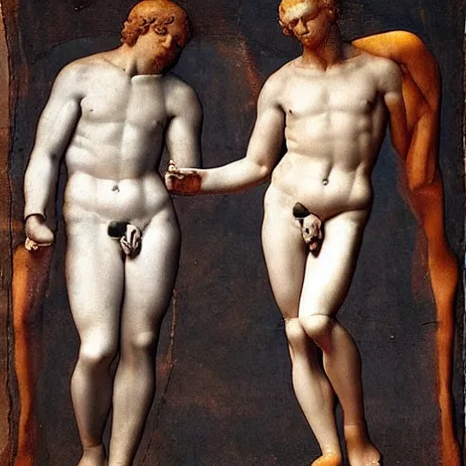 Prompt: two men, forbidden love, seperated by a deity, on one side is light on the other is darkness, body type is michelangelo's david in a renaissance style - h 9 0 0