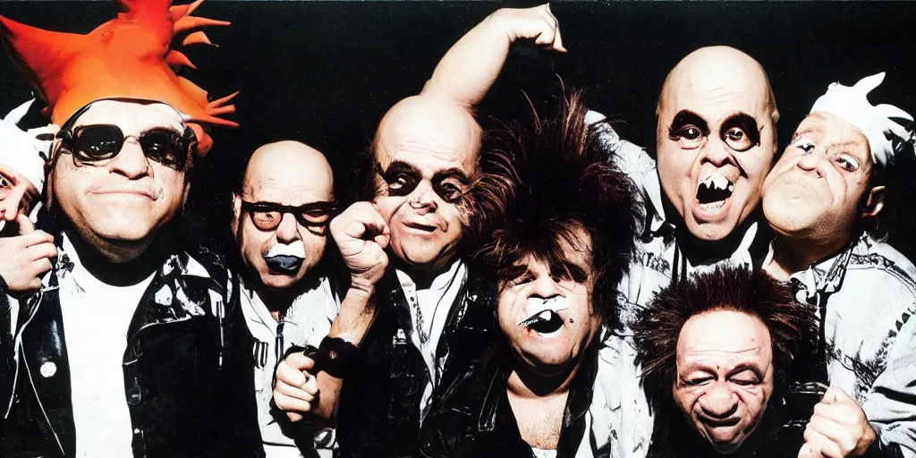 Prompt: Danny DeVito coneheads punk rock band, 1980s surrealism aesthetic, detailed facial expressions