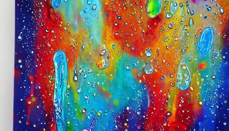 Image similar to painting on canvas, watedrops, water droplets, acrylic painting, acrylic pouring, painting, influencer, artstation - h 8 0 0