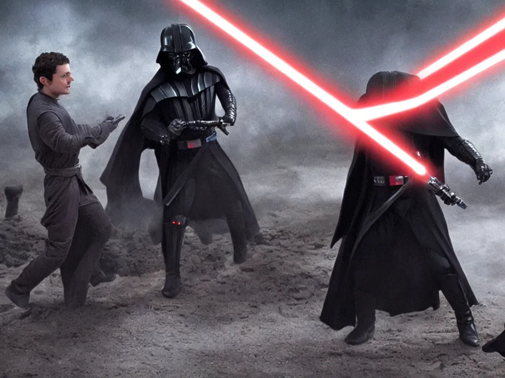 Image similar to Elijah Wood Frodo vs Darth Vader in lightsaber combat