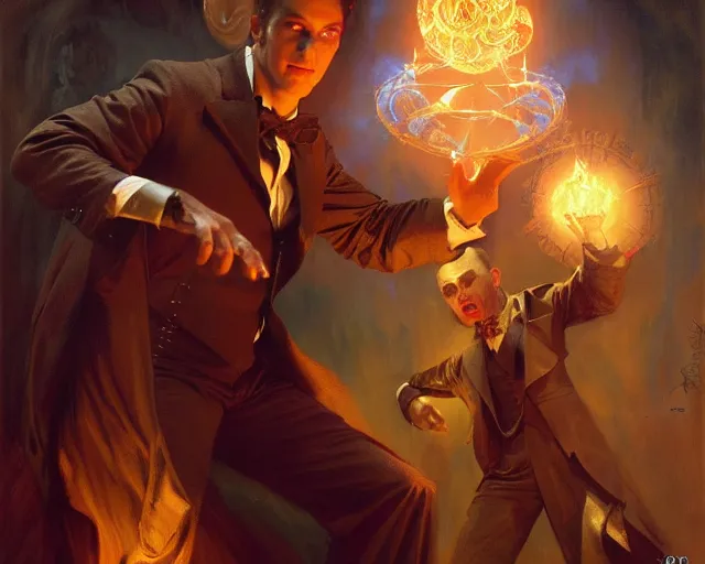 Image similar to attractive magician man, casting dark magic, summoning handsome demon. highly detailed painting by gaston bussiere, craig mullins, j. c. leyendecker 8 k