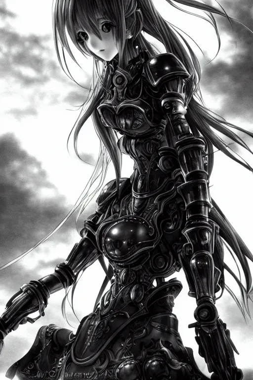 Image similar to a vertical portrait of a character in a scenic environment by Yoshitaka Amano, black and white, dreamy, cybernetic plate armor, wavy long black hair, highly detailed