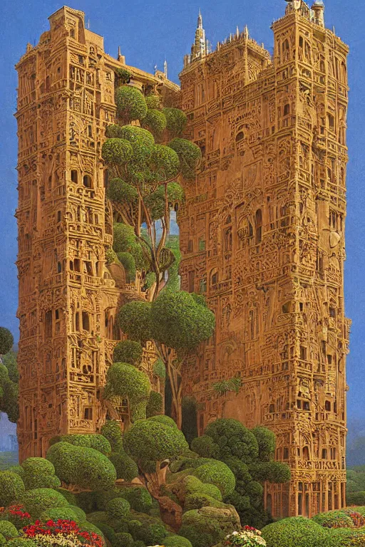 Image similar to ancient carved tower of the moon in its gardens fairytale illustration, elaborate latticed balconies, tall windows, moorish architecture, formal gardens, dramatic cinematic lighting, soft colors, golden age illustrator, unreal engine, by Ludwig Deutsch and William Dyce and Andreas Rocha and (Maxfield Parrish and Nicholas Roerich)