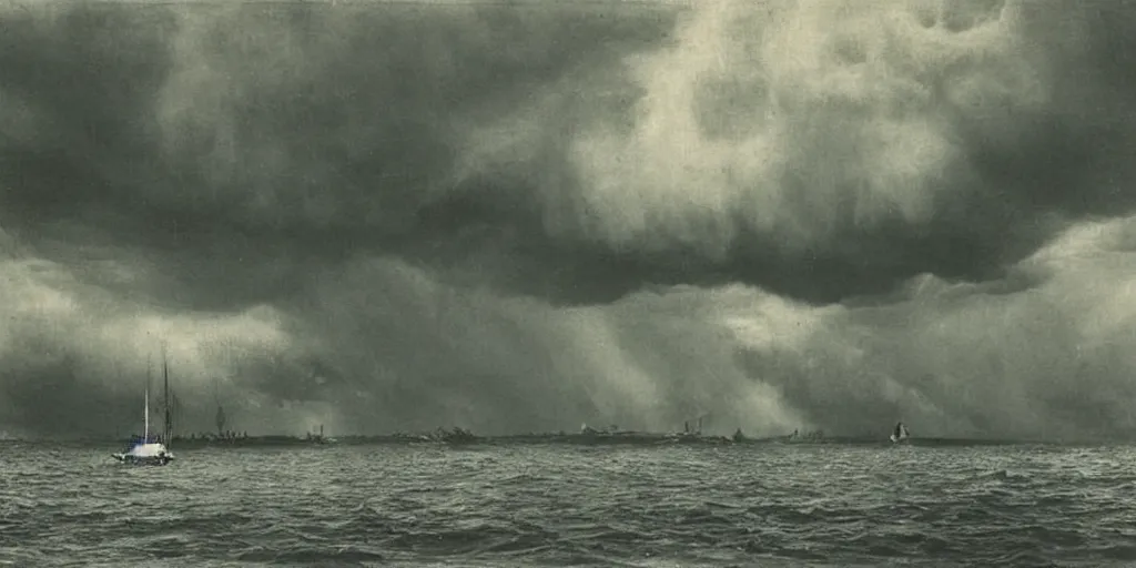 Prompt: a boat sailing in a thunderstorm where the clouds look like skulls, 1 9 0 0 s photograph