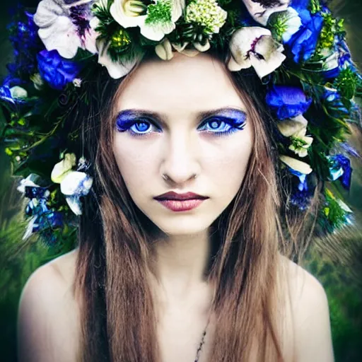 Image similar to incredibly beautiful portrait of A girl who looks like a priestess of love. With a gorgeous wreath of flowers on her head and blue eyes. White hair. Tattoo