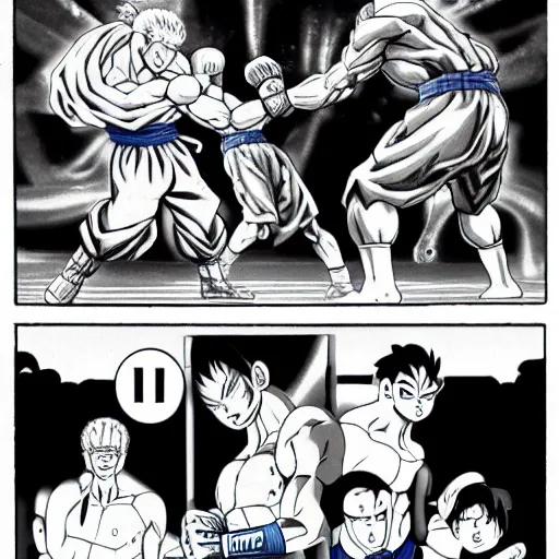 Image similar to goku in a boxing match against mahatma gandhi