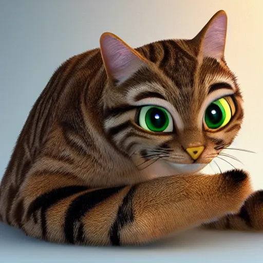 Image similar to pixar movie, brown tabby cat, 3 d, pixar _ tabby _ cat