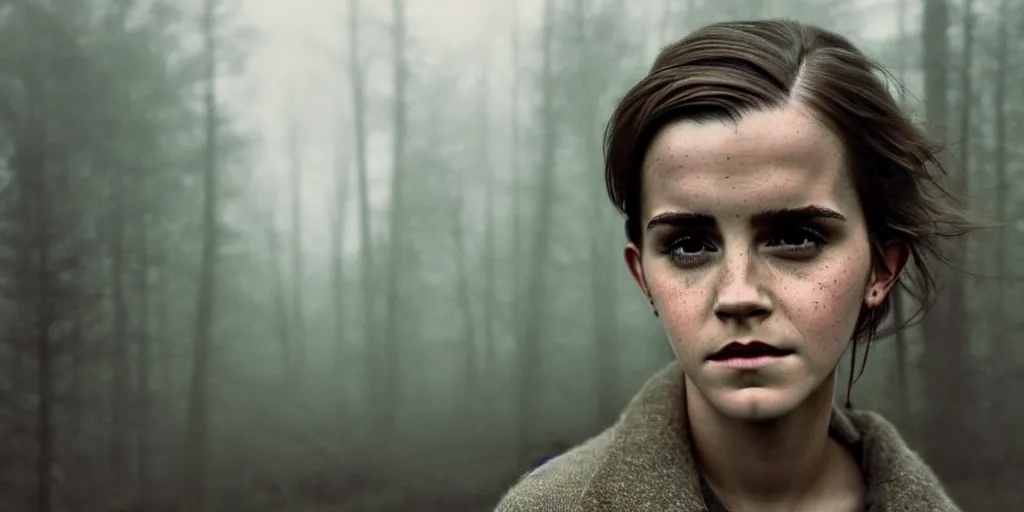 Image similar to portrait bust of emma watson, solemn expression, faded color film, russian cinema, tarkovsky, kodachrome, old cabin, next to window, heavy forest outside, long brown hair, old clothing, heavy fog, hudson river school, 4 k, dramatic lighting, greg rutkowski