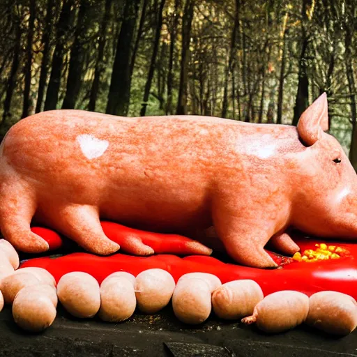 Image similar to a pig made of sausages wallowing in ketchup and mustard