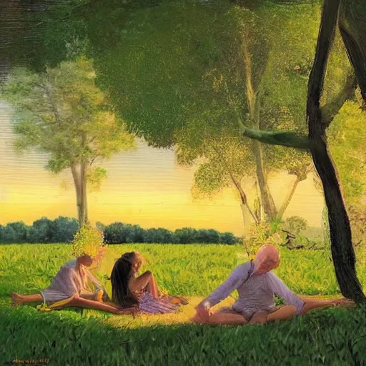 Image similar to Digital art. Conceptual art, the warm, golden light of the sun casts a beautiful glow on the scene, and the gentle breeze ruffles the leaves of the trees. The figures in the conceptual art are engaged in a simple activity, the way they are positioned and the expressions on their faces suggest a deep connection. Peace and contentment, idyllic setting. by Rupi Kaur, by Hikari Shimoda spirited, monumental