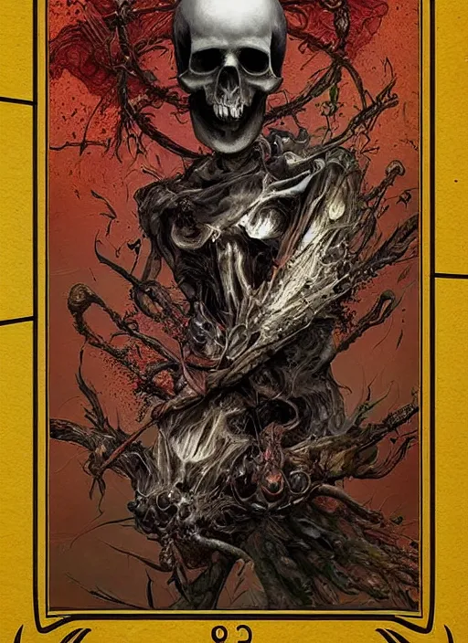 Image similar to the mock turtle, death tarot card, highly detailed, half skull face, cinematic, 8 k, by megan duncanson, benjamin lacombe, adrian borda, stanley artgermm, tom bagshaw, craig mullins, carne griffiths, ayami kojima, beksinski, giger, trending on deviantart, hyper detailed, horror, full of colour