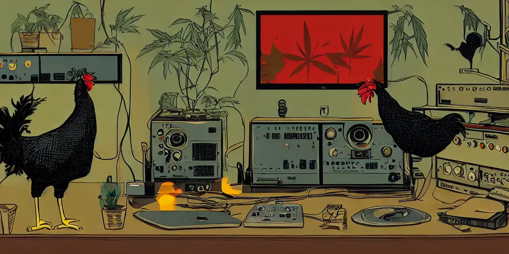 Image similar to 'black chicken'!!! smoking 'cannabis'!!!!!! in front of 'audio console'!!!! and 'multi monitors'!!!! 'in a hi-tech tv broadcasting studio'!!!!, artwork by James Gilleard