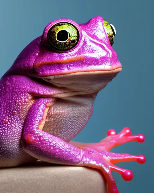 Prompt: natural light, soft focus portrait of a cyberpunk anthropomorphic tree frog with soft synthetic pink skin, blue bioluminescent plastics, smooth shiny metal, elaborate ornate jewellery, piercings, skin textures, by annie leibovitz, paul lehr