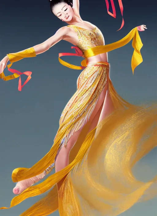 Image similar to full body portrait of a dancer throwing silk belts, feet, barefoot, full body, slightly tanned, vivacious, extremely beautiful, gold jewelry, hanfu, chinese ribbon dance, wide ribbons, silk belt, ming dynasty, detailed, realistic face, anatomically accurate, fantasy illustration, dnd, artstation, wlop.