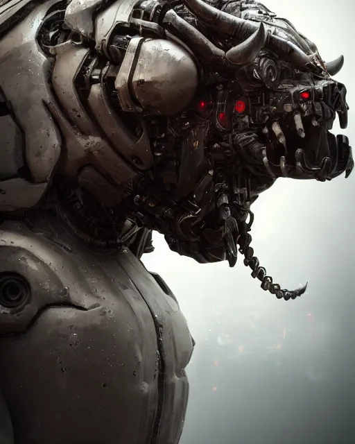 Image similar to a full body shot of an imposing cyborg ( bull ) modeled after a bull looking into the camera, android, cyborg, full body shot, intricate, 3 d, hyper realism, symmetrical, octane render, strong bokeh, fantasy, highly detailed, depth of field, digital art, artstation, concept art, cinematic lighting, trending