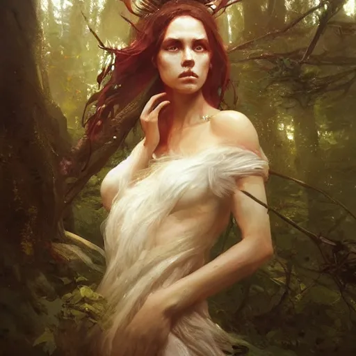 Image similar to a beautiful portrait of a forest goddess by Greg Rutkowski and Raymond Swanland, Trending on Artstation, ultra realistic digital art