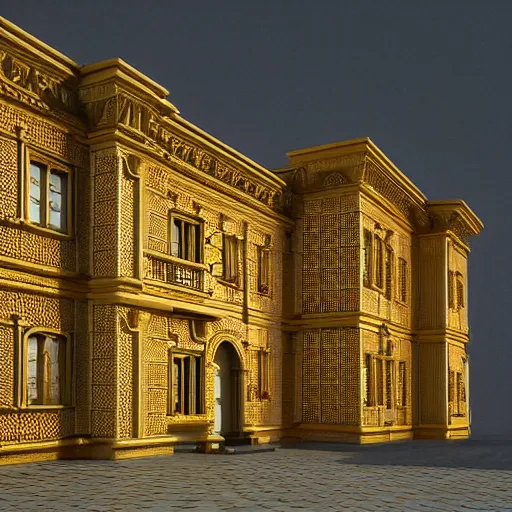 Prompt: photorealistic palace made of honeycomb. hyperdetailed photorealism, 1 0 8 megapixels, amazing depth, high resolution, 3 d shading, 3 d finalrender, 3 d cinematic lighting, glowing rich color, artstation concept art.