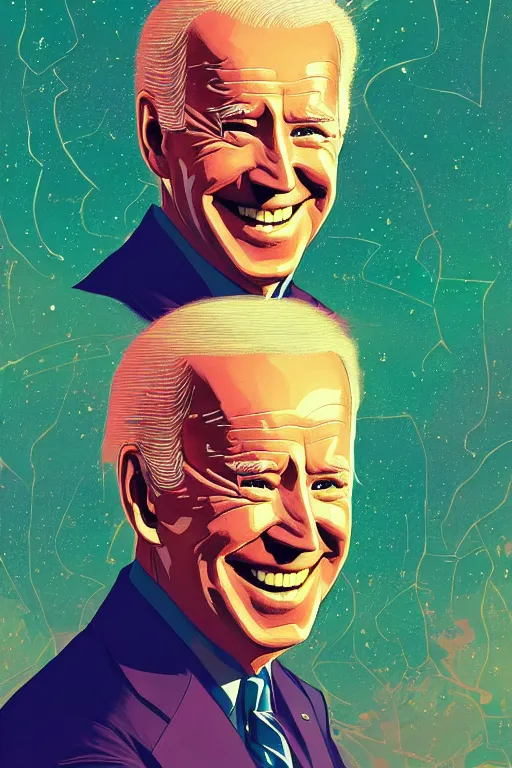 Prompt: portrait of joe biden, smiling down from above mid turn away, artstation winner by victo ngai, kilian eng and by jake parker vibrant colors, winning - award masterpiece, fantastically gaudy, aesthetic octane render, 8 k hd resolution