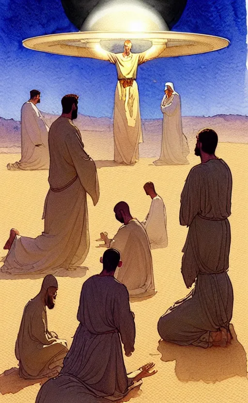 Image similar to a hyperrealist watercolour character concept art portrait of a group of middle eastern men kneeling down in prayer in front of a giant angel on a misty night in the desert. a ufo is in the background. by rebecca guay, michael kaluta, charles vess and jean moebius giraud