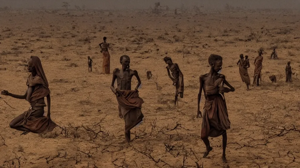 Prompt: 1984 Ethiopian famine and drought, moody and dark movie scene, illustrative, hd, 4k, wide shot