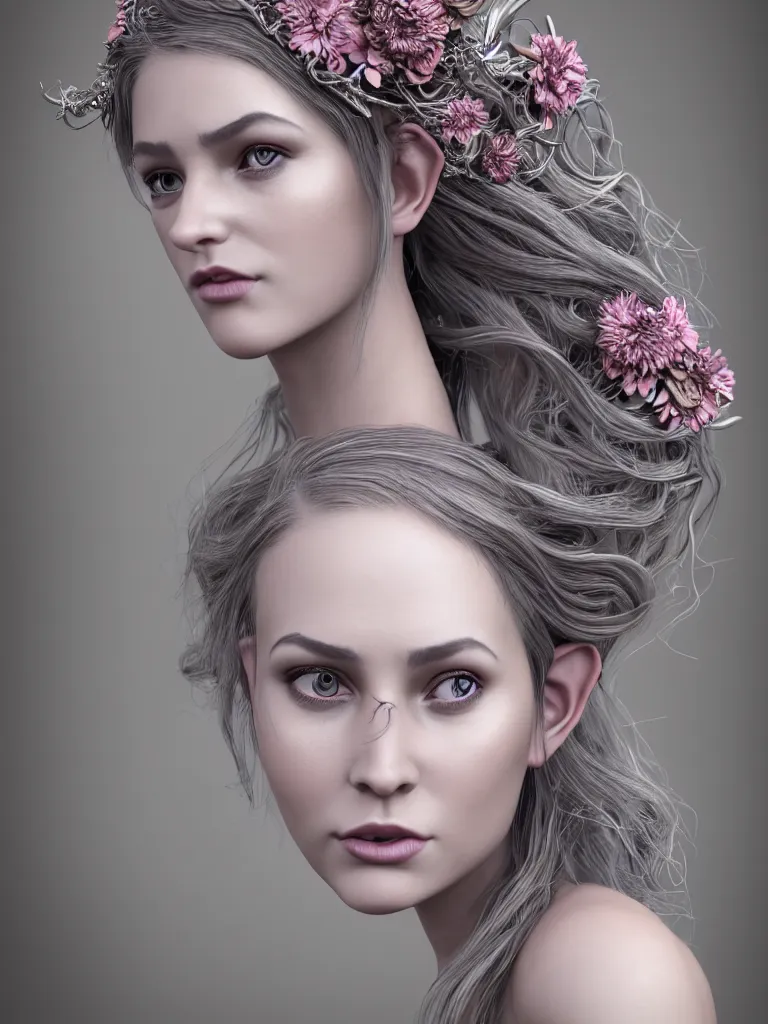 Prompt: complex 3 d render, ultra detailed, realistic portrait of a beautiful woman, face, wispy, wavy hair worn tied back in a messy bun, wearing filigree silver elven circlet, wide open eyes, flowers in hair, headshot, catchlights, mauve lips, natural makeup, 8 5 mm lens, beautiful, studio portrait, nature goddess,