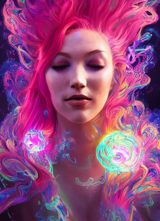 Image similar to psychedelic [ chemiluminescence ] [ [ [ smiling ] ] ] dancing elegant woman chakra spirit with pink hair smoke and fluid dynamics, colorful, psychedelic, ornate, intricate, digital painting, concept art, smooth, sharp focus, illustration, blacklight reacting, art by artgerm and greg rutkowski